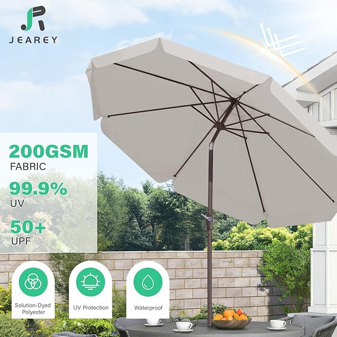 JEAREY 9 FT Patio Umbrella Outdoor, Table Umbrellas Market Umbrella w/Push Button Tilt/Crank, 8 Sturdy Ribs(Fog Gray)