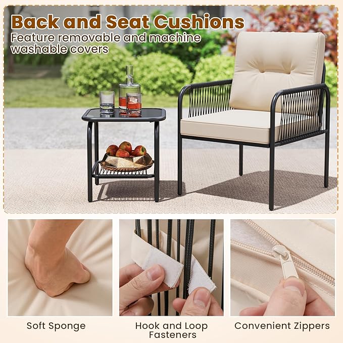 Tangkula 3 Pieces Patio Bistro Set, PE Rattan Furniture Set with Tempered Glass Table, Chairs, Back and Seat Cushions, Outdoor Wicker Conversation Set for Porch, Backyard, Garden and Poolside