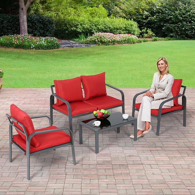 Athena Collection Patio Furniture Set 4 Pieces Outdoor Conversation Sets with Coffee Table & Cushions, All Weather Bistro Chairs Set for Balcony, Lawn, Garden, Poolside, Red