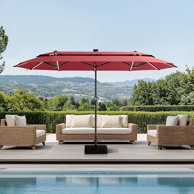 PHI VILLA 13ft Patio Umbrella with 120 PCS Solar-Powered LED Color-Changing Lights, 2-Tier Double-Sided Large Rectanglular Umbrella with Base Included, Wine Red
