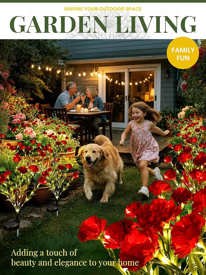 GIGALUMI Solar Lights Outdoor for Garden Decor, 2 Pack Solar Flower Lights Waterproof, 2 Lighting Modes 14 Carnations for Pathway,Yard, Patio Decoration, Gardening Gifts for Women (Red)