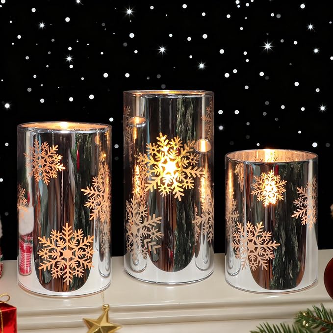 Snowflake LED Flameless Candles with Remote and Timer, Electroplate Glass Candles Operated by Battery, Christmas LED Flickering Candles Decoration for Bedroom, Party, Wedding