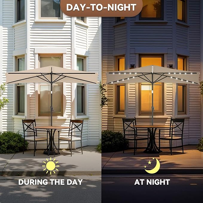 FLAME&SHADE 9 FT Solar Half Patio Umbrella with 25 LED Lights, Half Outdoor Umbrella with Button Tilt, Half Round Table Umbrella For Deck, Backyard, Balconies, Decks, Rvs, UV Protection (Beige)
