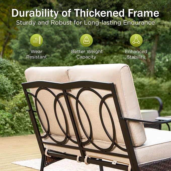PHI VILLA Patio Furniture Set, Upgraded Wicker & Metal Outdoor Conversation Sets Patio Sofa with 5.5" Thick Cushions and Coffee Table for Porch, Poolside, Yard (4 Pieces, Beige Cushion)