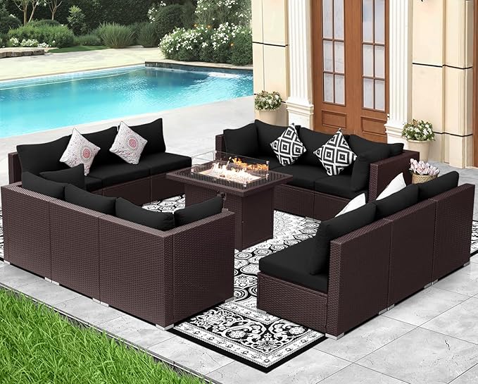 NICESOUL 13 Piece Patio Furniture w/Fireplace, Elegant Outdoor Seating w/Firepit, XL 29.3'' High Back Sectional Sofa, All-Weather Rattan Deck Couch, Modular Sturdy Conversation Set, Brown & Black
