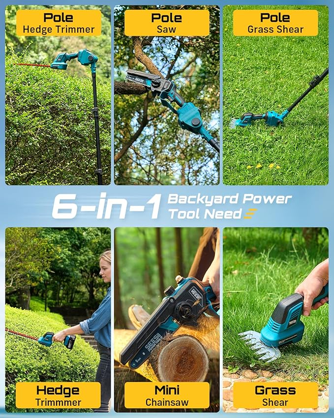 SEESII 6-in-1 Cordless Pole Saw & Hedge Trimmer Combo, Electric Mini Chainsaw with 2×4.0 Ah Batteries, Extendable Tree Pruner, Bush Trimmer Limb Branch Cutter, Grass Shears, 15Ft Long Reach