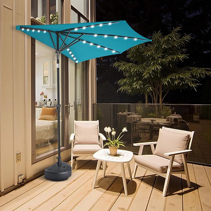 FLAME&SHADE 9 FT Solar Half Patio Umbrella with 25 LED Lights, Half Outdoor Umbrella with Button Tilt, Half Round Table Umbrella For Deck, Backyard, Balconies, Decks, Rvs, UV Protection (Aqua Blue)