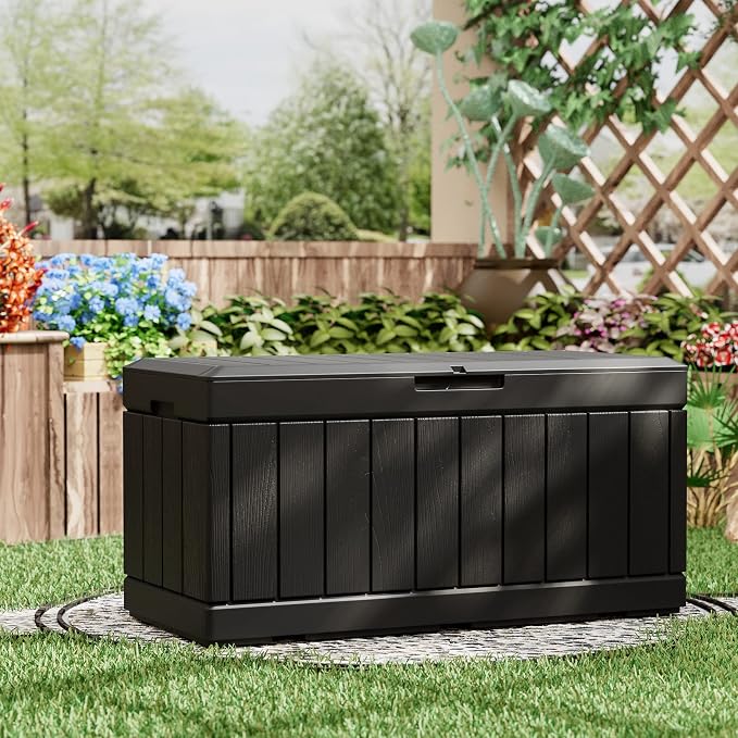 Greesum 82 Gallon Resin Deck Box, with Hydraulic Rod, Large Outdoor Storage for Patio Furniture, Garden Tools, Pool Supplies, Weatherproof, Lockable, Black