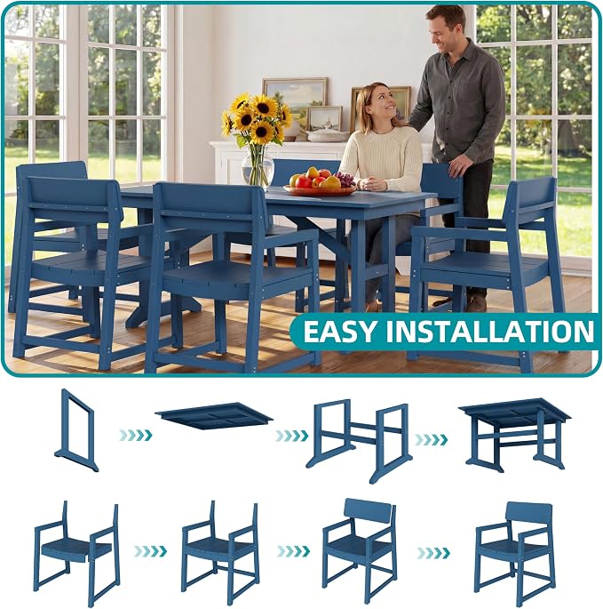 JAMFLY 7 Piece Outdoor Dining Set, All Weather Patio Table and Chairs for Backyard Garden Deck Lawn Pool, Sturdy All Weather Outdoor Furniture Set with Umbrella Hole, Blue