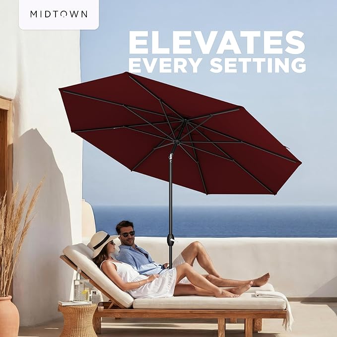 Midtown Umbrellas – The Lean 8 Ft Patio Umbrella with 10-Year-No-Fade Acrylast Acrylic Fabric, Auto-Tilt and 8 Reinforced Ribs for Deck, Pool, Garden, Hotel & Cafes – Bordeaux Canopy, Black Pole