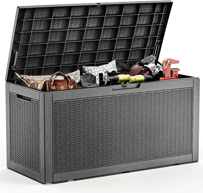 PatioZen 120 Gallon Deck Box,Resin Outdoor Storage Box with Lockable for Patio Furniture, Pool Accessories, Garden Tools Waterproof Outside Storage Box (Black)