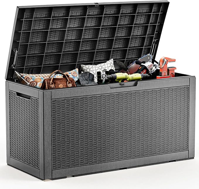 ROJIK 120 Gallon Deck Box Outdoor, Waterproof Outdoor Storage Boxes with Lids, Outside Resin Lockable Storage Box for Patio Cushions, Garden Tools(Black)