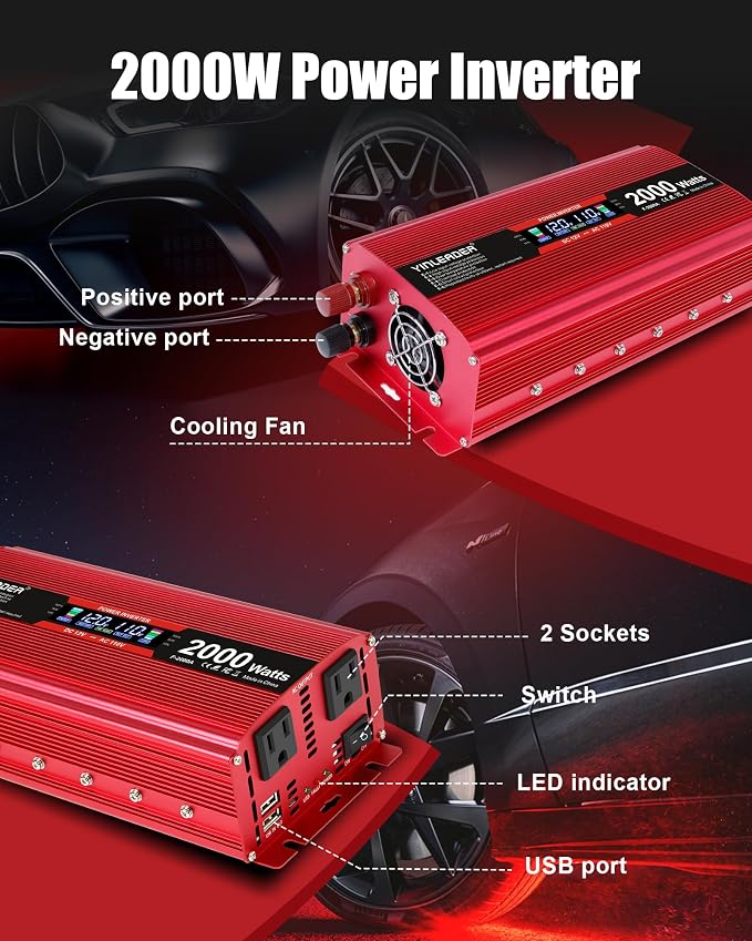 2000 watt Inverter 12V to 110V/120V, dc to ac Inverter 2000W Car Converter with Intelligent LCD Display Dual AC Outlets Dual USB Charging Port for RV Truck Laptop