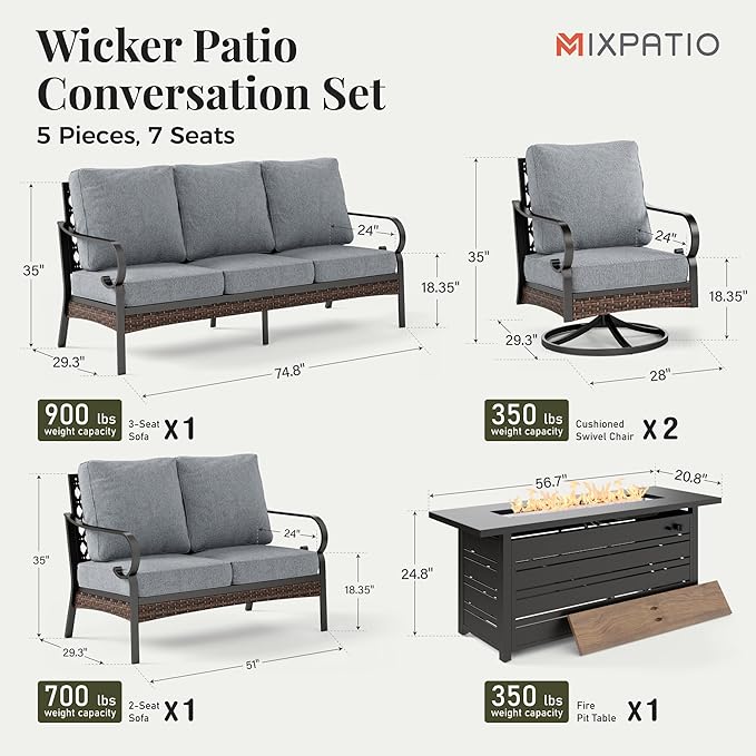 Patio Furniture Set with Fire Pit Table, Metal Outdoor Conversation Set with 2 x Swivel Chairs, 1 x Loveseat, 1 x 3-Seat Sofa and Gas Fire Pit Table for Lawn Garden Backyard, Grey