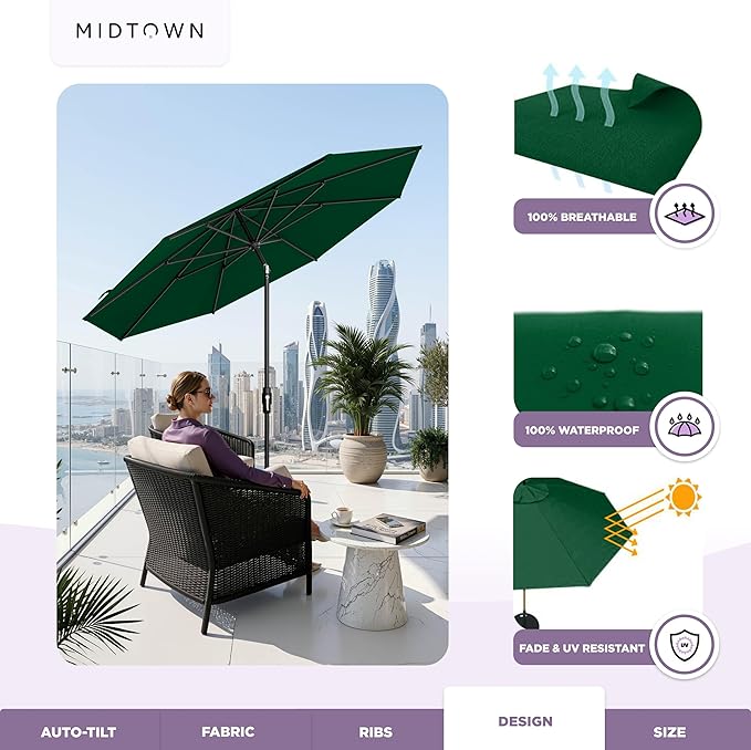 Midtown Umbrellas 9 Feet Aluminum Patio Umbrella With Fiberglass Ribs In Sunbrella Forest Green, Auto-Tilt And 360 Degrees Swivel For Optimal Shade, Kevlar Cord For Long Lasting Use