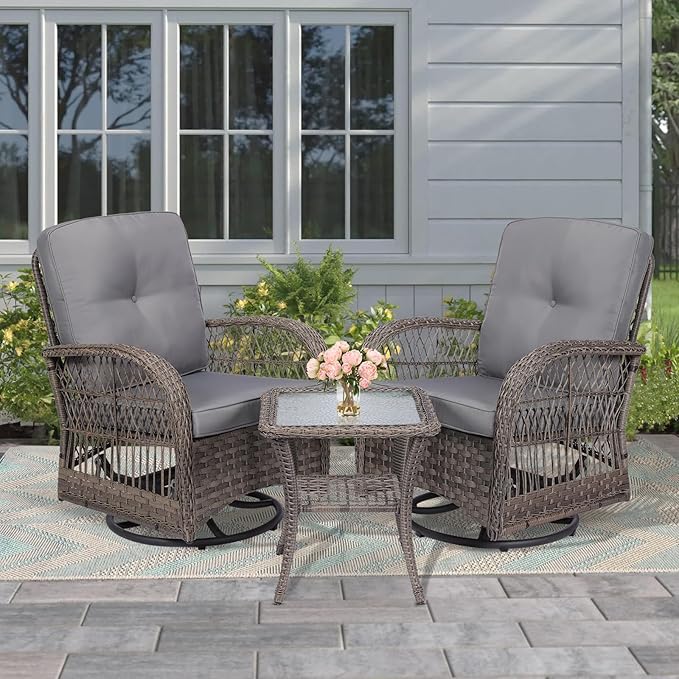 MEETWARM 3 Pieces Outdoor Wicker Swivel Rocker Patio Set, Rocking Chairs Rattan Patio Furniture Sets with Thickened Cushion and Glass-Top Coffee Table, Conversation Bistro Set for Porch (Gray)