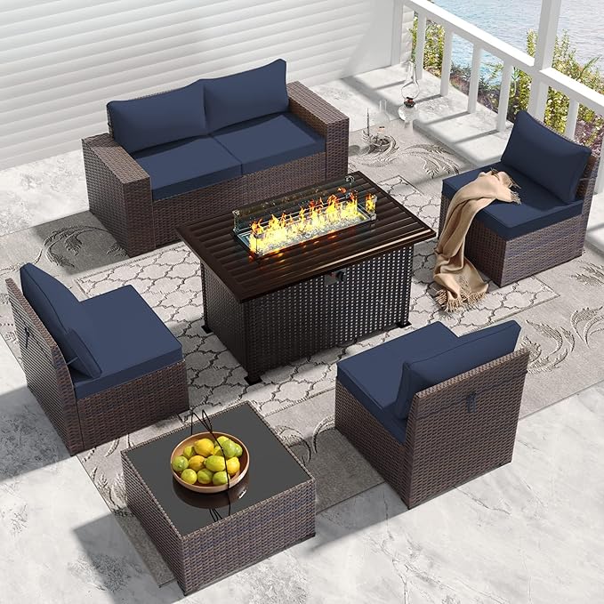 7 PCS Outdoor Patio Furniture Set,Outdoor Sectional Furniture with 43" 55000 BTU Gas Propane Fire Pit Table,All Weather PE Rattan Wicker Patio Conversation Set,Navy Blue