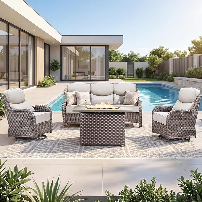 Luxury Patio Furniture Set with 6-inch Thick Cushion, Outdoor Furniture with Fire Pit Table, Swivel Chairs, Sofa, 4pcs Wicker Conversation Set for Deck Yard and Poolside(Beige)