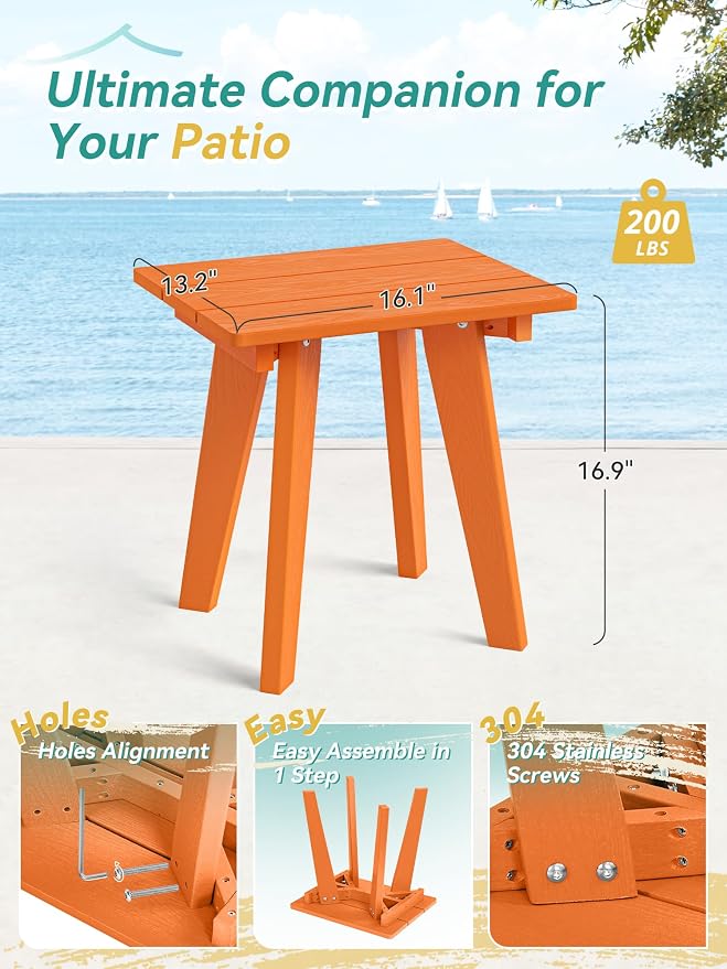 Outdoor Side Table, HDPE Weather Resistant Small Patio Table for Porch and Balcony, 200 LBS Capacity Heavy Duty Small Outdoor Table for Backyard and Pool, Easy Maintenance, Orange