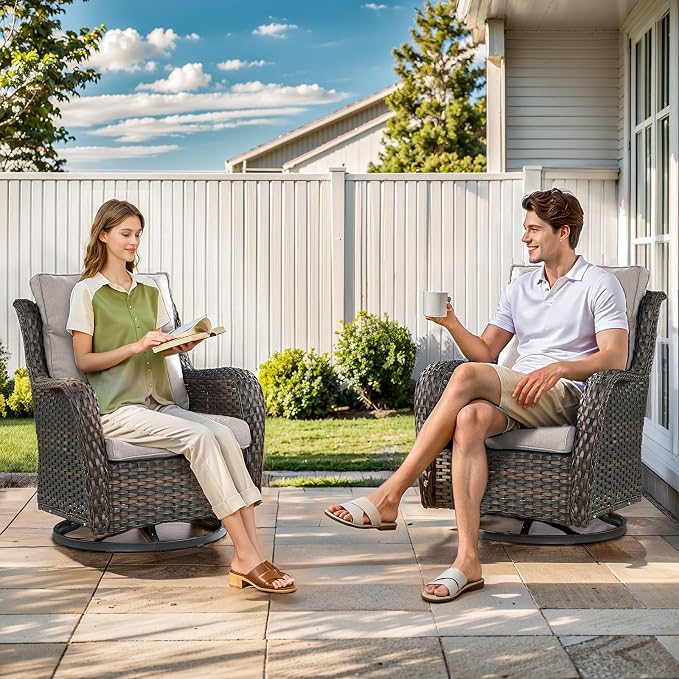 Outdoor Swivel Rocker Patio Chairs Set of 4 with Ottoman Coffee Table - 5" Thick Cushion 7 Piece Furniture Set All Weather Comfortable Wicker Conversation Set for Porch Deck - Brown/Beige