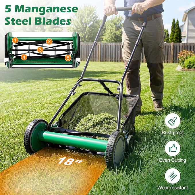 Push Reel Lawn Mower, Cordless 18" Manganese Steel Manual Grass Cutter with 5-Blade, Removable Grass Catcher, 9 Cutting Heights, Walk-Behind Lawn Mower for Garden Farm Yard (Green)