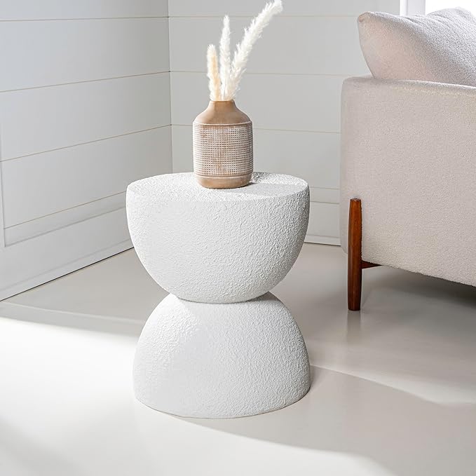 JONATHAN Y Greta Hourglass Outdoor Side Table and Stool, 18" Modern Textured All-Weather Accent End Table for Patio, Deck, or Garden, White Frosted TBL1100A