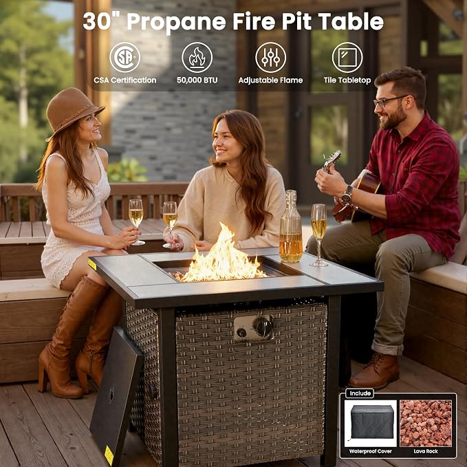 ovios 7 Pieces Patio Furniture Set with 30 inch Fire Pit Table, Outdoor Wicker Sofa Couch Swivel Rocking Glider Chairs, Modern Luxury Conversation Set, Brown Wicker, Navy Blue
