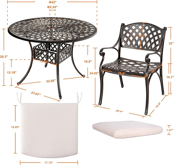 NUU GARDEN 5 Piece Outdoor Patio Dining Set with Beige Cushions, Cast Aluminum Round Dining Table with Umbrella Hole and Patio Dining Chairs for Garden, Balcony, Black with Bronze Edge