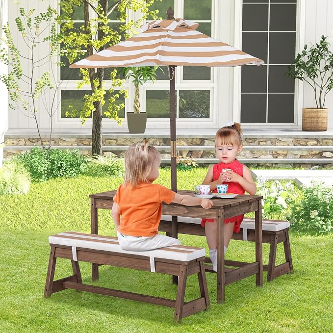 Olakids Kids Picnic Table, 2 in 1 Outdoor Toddler Wooden Table and Chair Set with Removable Cushions Height Adjustable Umbrella, Children Activity Furniture Bench for Patio Garden Backyard