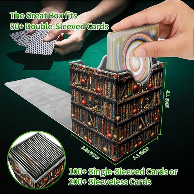 Red Library Books Card Deck Box for MTG, Personalized Card Storage Case Fits 120+ Sleeved Cards, Premium Leather TCG Box with Strong Magnetic Closure for Magic, CCG, PTCG, Baseball Cards