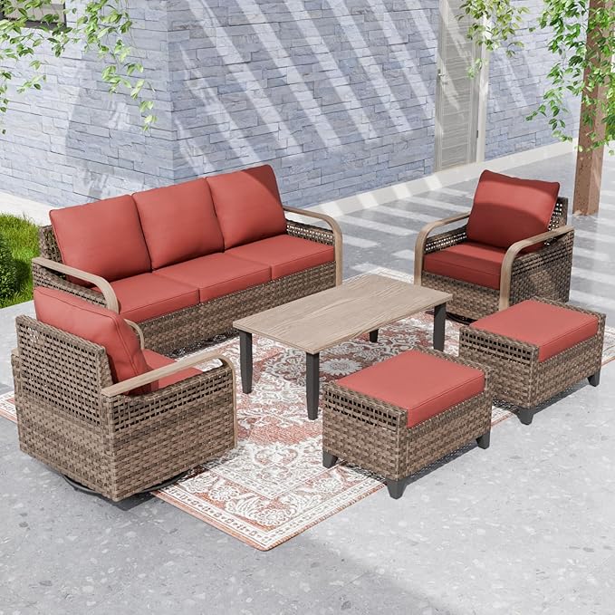 EAGLE PEAK Modern Wicker Outdoor Patio Furniture Set, Patio Conversation Set, 2 Swivel Rocking Chairs, 3-Seat Loveseat, 2 Ottomans and Coffee Table, 6 Pieces, Brown/Red