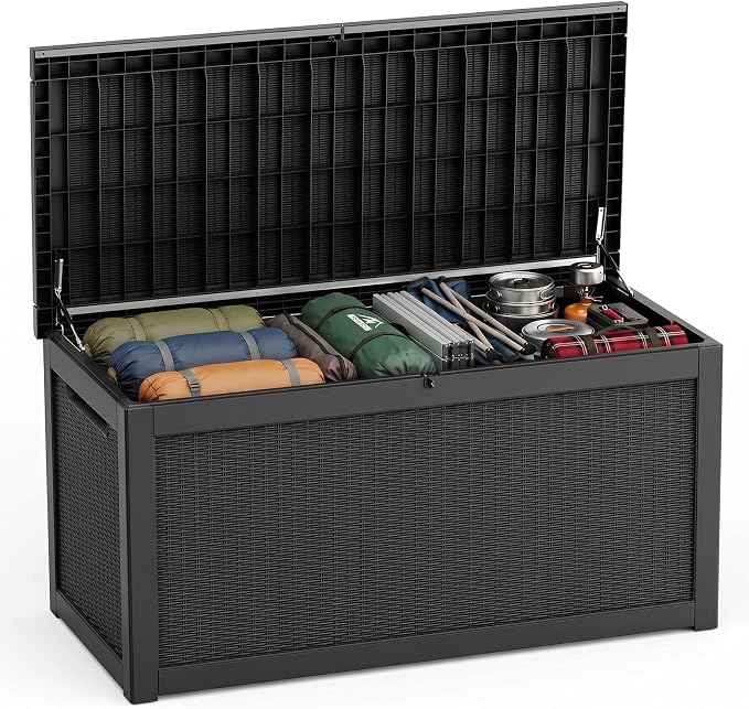 Waterproof Outdoor Storage Box Outside Deck Box Lockable Resin Bench UV Resistant Furniture Cushion Pool Tool Float Bin Patio Garden Porch (Black, 320 Gallon)