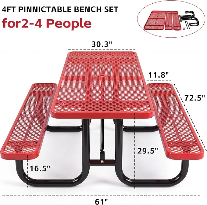 72" Rectangular Metal Picnic Table for 4-8 Person, Durable Heavy Duty Commercial Picnic Table with Umbrella Hole for Outdoor Coffee Shop, School, Hospital, Easy to Install, Red