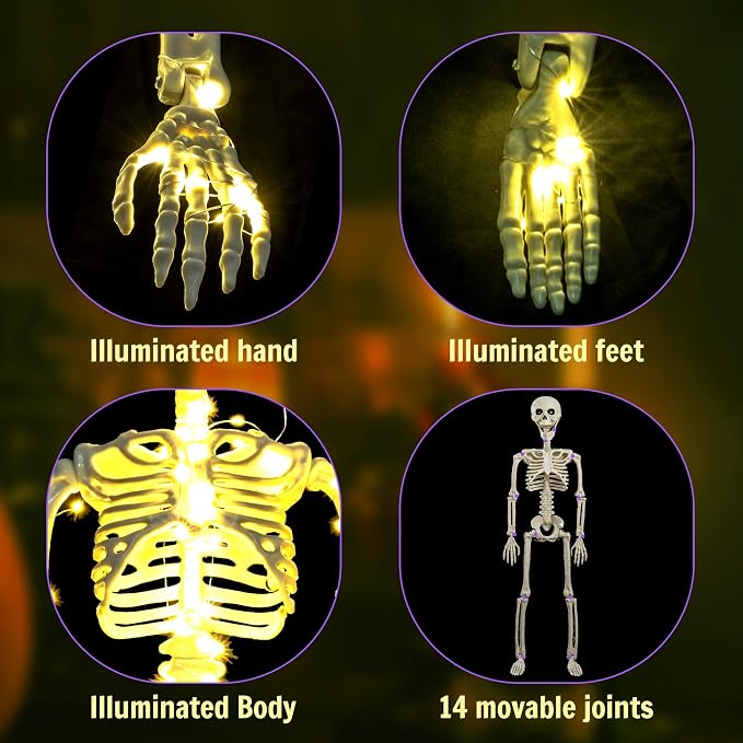 2 Pack 40 Inches Plug Operated 400 LED Light Up Halloween Skeleton Full Body Posable Movable Jonints for Halloween Decoration Décor