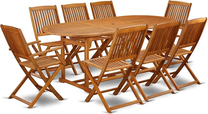 East West Furniture BSCM92CANA 9 Piece Patio Garden Table Set Includes an Oval Outdoor Acacia Wood Dining Table and 2 Folding Arm Chairs with 6 Side Chairs, 36x78 Inch, Natural Oil
