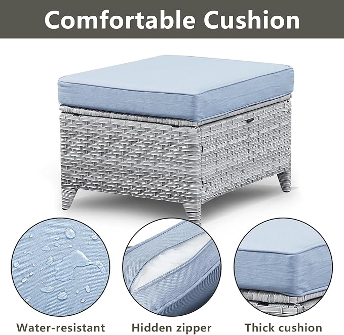 Rilyson Outdoor Ottoman Wicker Patio Ottomans - 2 Piece Footrest Footstools Set Rattan Outdoor Ottomans for Patio with Thick Cushions(Light Grey/Sky Blue)
