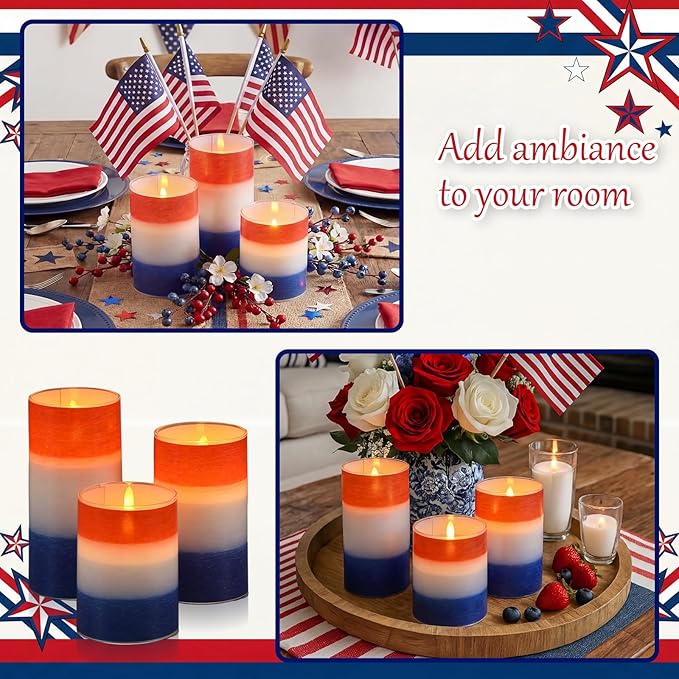 Tujoe 3 Pcs Patriotic Flameless Candles 4th of July LED Battery Pillar Candles Set Battery Operated Independence Blue Red and White Flickering Gifts with Remote Decorations for 250th Anniversary