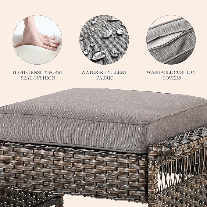 Patio Furniture Set - 2 Wicker Chairs with 2 Rattan Ottomans, 1 Wicker Side Table, Grey Cushions - 5pc Conversation Set for Garden, Balcony, Backyard