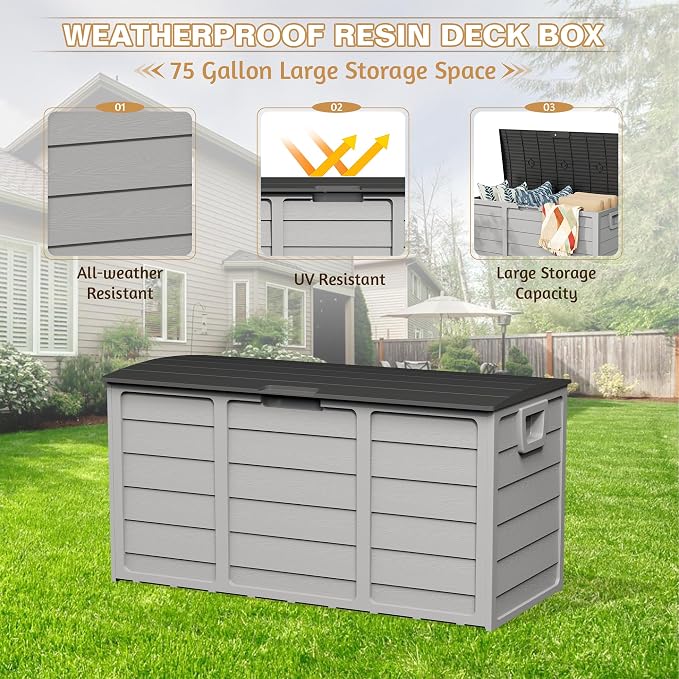 75 Gallon Deck Storage Box Resin Outdoor Storage Container with Handles for Patio Garden Yard, Black, Grey