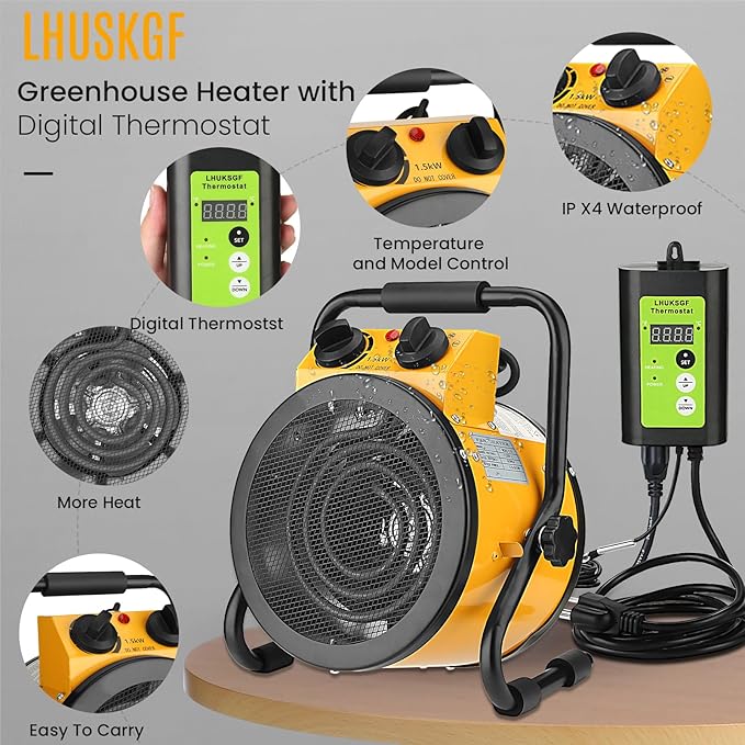 Greenhouse Heater with Digital Thermostat, Grow Tent Heaters, Overheat Protection, Fast Heating for Green House, Flower Room, Black-Yellow
