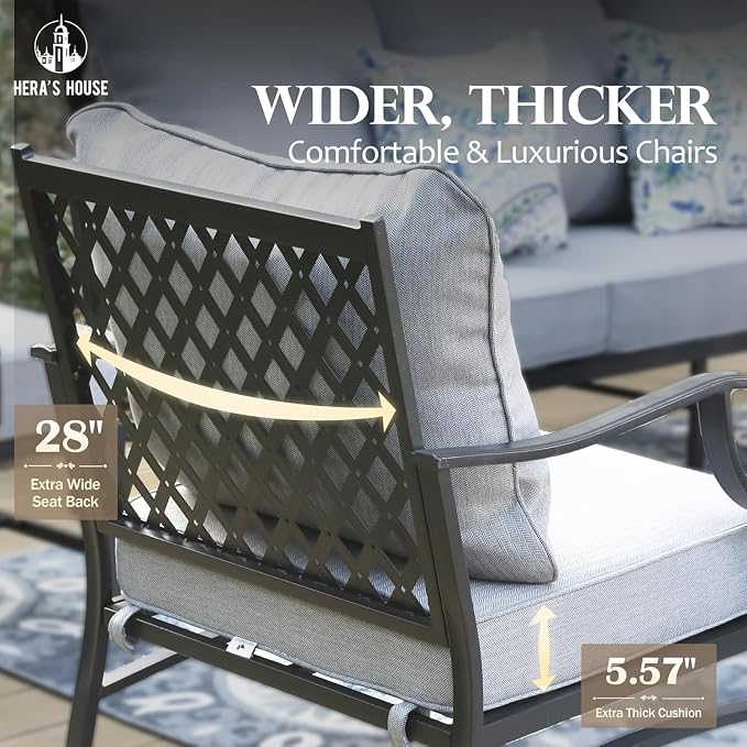 HERA'S HOUSE 6 Pieces Patio Furniture Set with Fire Pit Table, 2 x Rocking Chair, 2 x Ottoman, 3-Seat Sofa with 45" Fire Pit Table, Outdoor Conversation Set for Garden Poolside Backyard, Grey