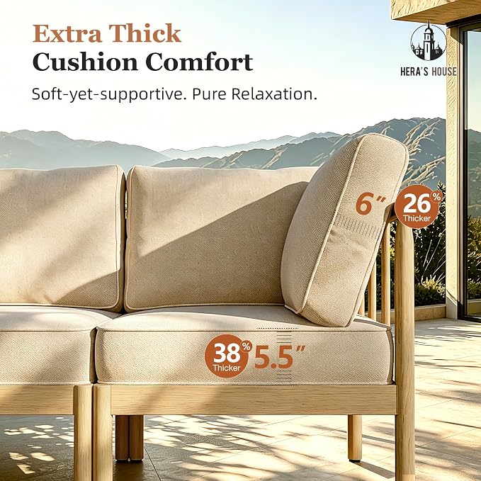 HERA'S HOUSE Patio Furniture,Acacia Wood Outdoor Sectional Sofa with 5.5" Ultra-Thick Cushions,L/U Shaped Modular Patio Conversation Set,Lawn Garden Backyard Couch Set with Nesting Tables,Beige
