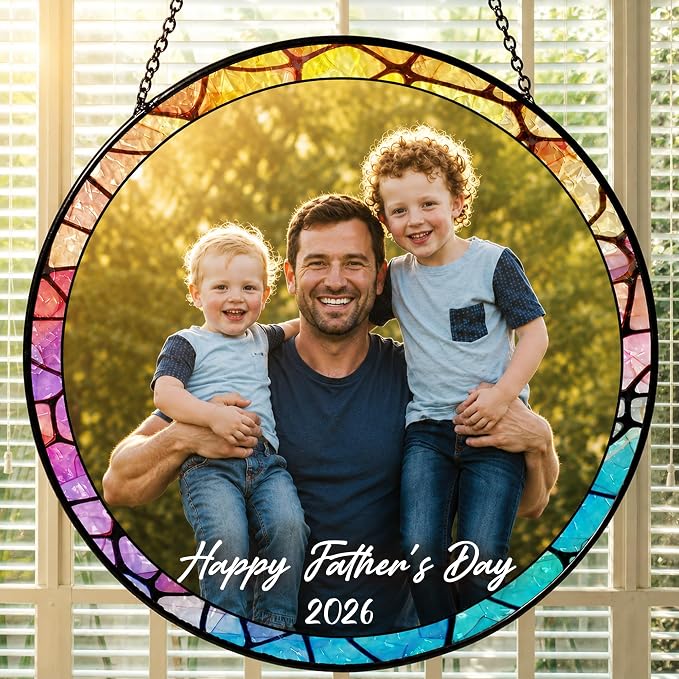 Custom Photo Stained Glass Window Hanging Suncatcher 2026, Personalized Family Picture Sun Catcher with Custom Text, Father's Day Birthday Gift for Dad, Papa, Grandpa, Husband
