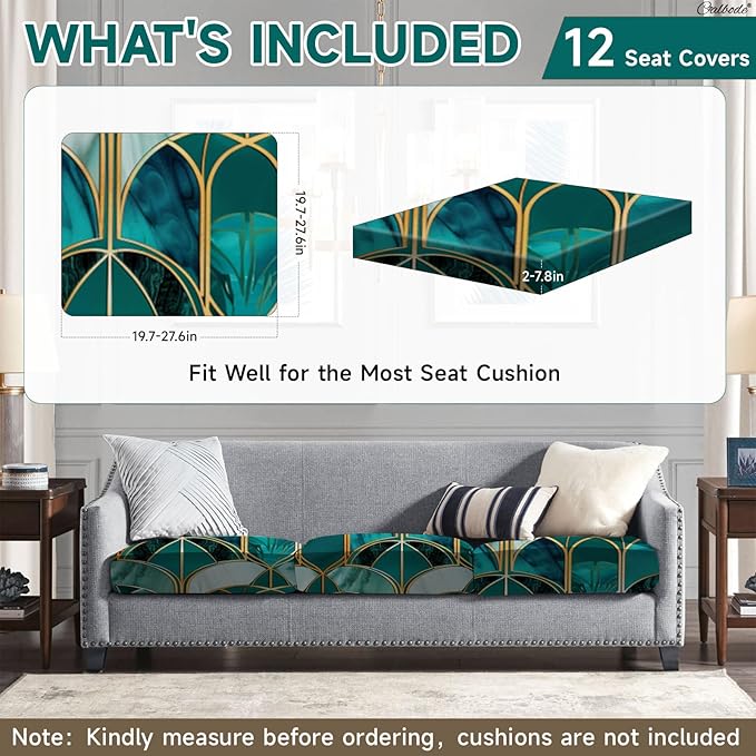 CALBODE 12Pcs Stretch Patio Cushion Cover, Art Deco Geometric Pattern Couch & Sofa Slipcovers for Patio Furniture Cushions Washable Reusable Couch Covers Replacement for All Season(Green, Cover Only)