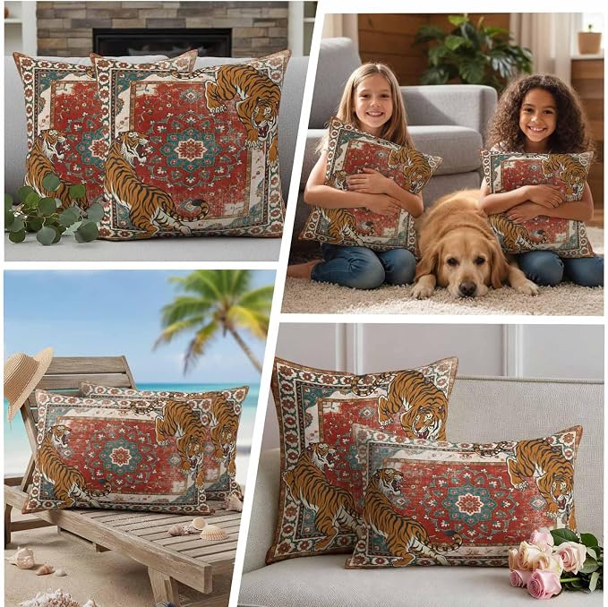 Tiger Print Outdoor Pillow Covers 16"x16" Set of 2, Boho Vintage Animal Orange Red Floral Geometric Waterproof Throw Pillow Covers for Patio Furniture, Decorative Cushion Covers for Porch
