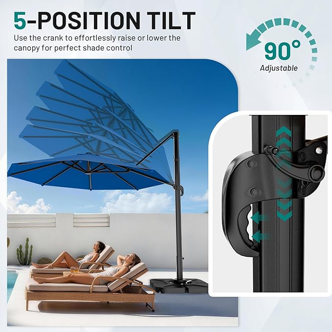 AreShark 11FT Round Cantilever Patio Umbrella with Base Included, 360° Rotation Offset Outdoor Umbrella, 5 Tilt Settings Heavy Duty Hanging Parasol for Deck Garden Pool, Royal Blue