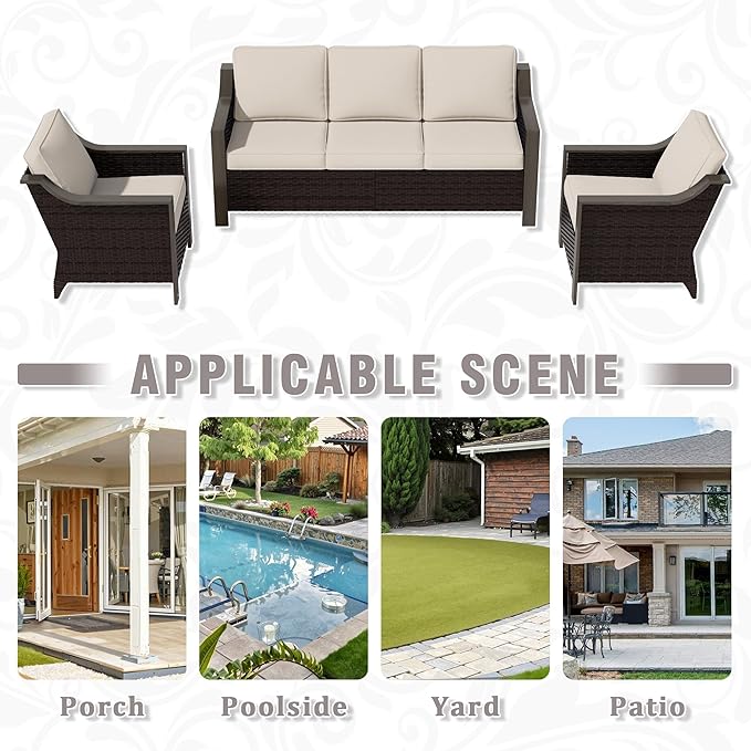 3 Piece Wicker Patio Conversation Set, All-Weather Use Outdoor Wicker Sofa with 2 PE Rattan Chair, Removable Water-Resistant Cushion, Ideal for Porch, Backyard, Balcony, Poolside, Beige