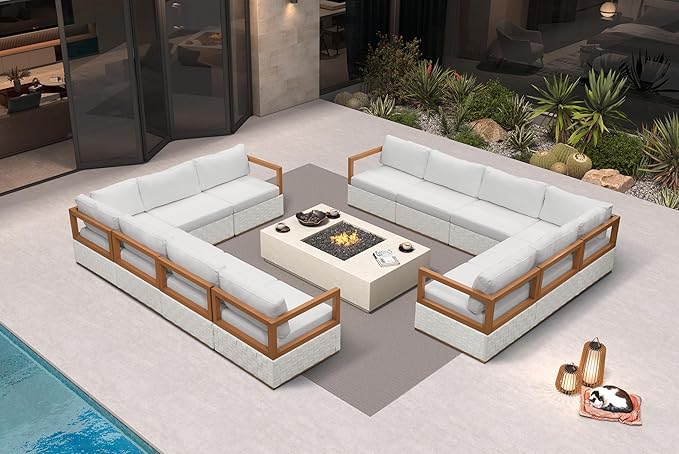PURPLE LEAF Patio Outdoor Furniture Set 12 Pieces, Premium Leather Outdoor Couch Sectional Sofa, Patio Couch with Olefin Cushions, Patio Conversation Sets for Porch, Garden, Balcony, White