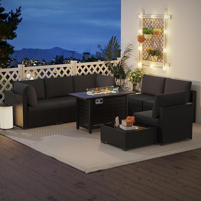 KIGOTY Patio Furniture Set with Fire Pit Table, 8 Pieces Outdoor Furniture Set with 43in Gas Fire Pit and Coffee Table, PE Rattan Patio Conversation Sofa Sets, Patio Sectional Sofa（Black/Black）