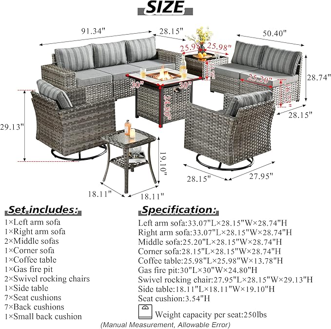 HOOOWOOO Outdoor Patio Sectional Furniture Sofa Set with Fire Pit Table,10 Piece Modern Wicker Couch with Swivel Chairs,Modular Conversation Seating Set with Widened Armrest for Garden(Grey Strips)
